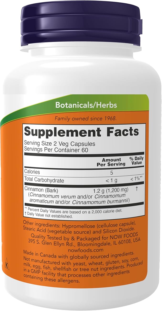 NOW Supplements, Cinnamon Bark 600 mg, Non-GMO Project Verified, Healthy Glucose Metabolism*, 120 Veg Capsules