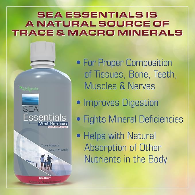 Wellgenix Sea Essentials Coral Calcium Liquid Vitamin for High Absorption - Nutritional Multivitamin Supplement - Sea Berry Flavor (6)