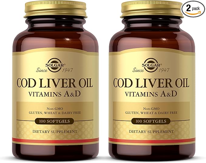 SOLGAR Cod Liver Oil - 100 Softgels, Pack of 2 - Provides Vitamins A & D - Non-GMO, Gluten Free - 200 Total Servings