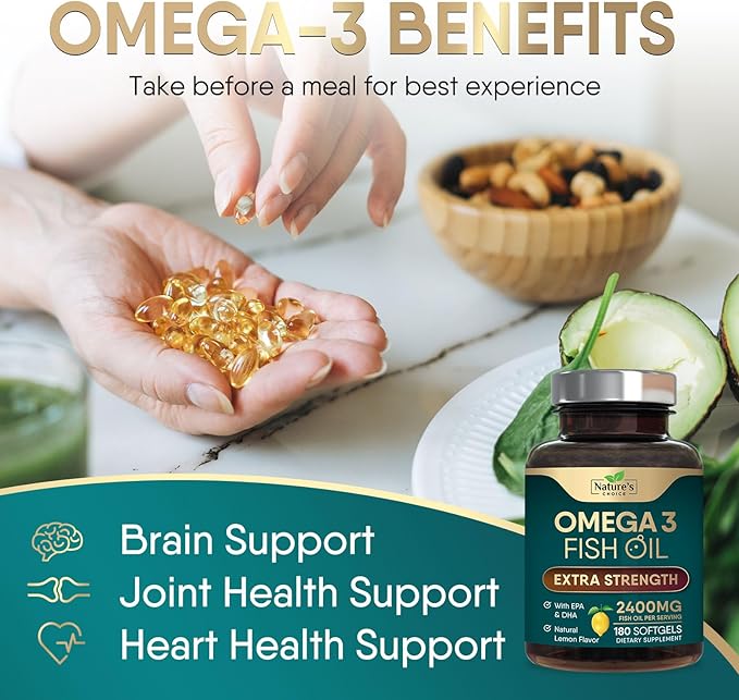 Triple Strength Omega 3 Fish Oil Supplement, EPA & DHA Fish Oil Omega 3 Essential Fatty Acids Supplement Softgels, 2400 mg Brain & Heart Health Support Supplements, Gluten Free, Non-GMO, 180 Softgels