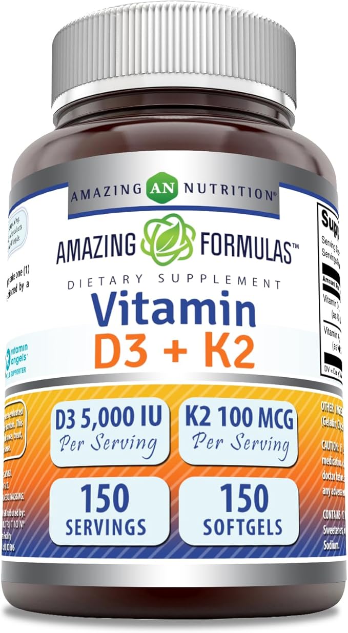 Amazing Formulas Vitamin D3 5000 IU with Vitamin K2 100 Mcg | D3 + K2 Complex Supplement | Softgels | Non-GMO | Gluten-Free | Made in USA (150 Count | Unflavored)