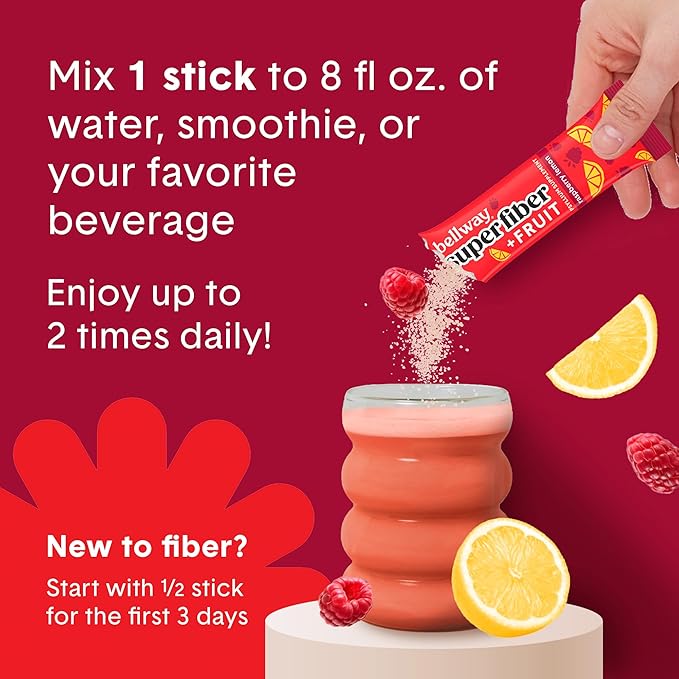 Bellway Super Fiber Packets + Fruit, Sugar Free Organic Psyllium Husk Powder Fiber Supplement to Go for Regularity, Bloating Relief & Gut Health, Non-GMO, Plant-Based, Raspberry Lemon (16 Packets)