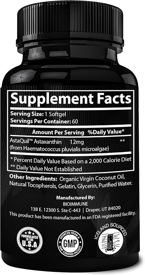 Triple Strength AstaQuil™ Astaxanthin 12mg Enhanced Absorption, 60 Softgels w/Organic Coconut Oil. Powerful Antioxidant for Eye, Joint & Heart Health.
