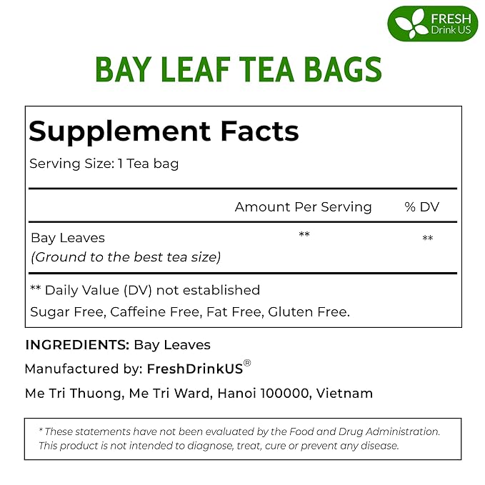 FreshDrinkUS, Premium 105 Bay Leaf Tea Bags, 100% Natural & Pure from Bay Leaves. Loose Leaf Bay Herbal Tea. Made with Natural Material Tea Bags, No Sugar, No Caffeine, No Gluten, Vegan.