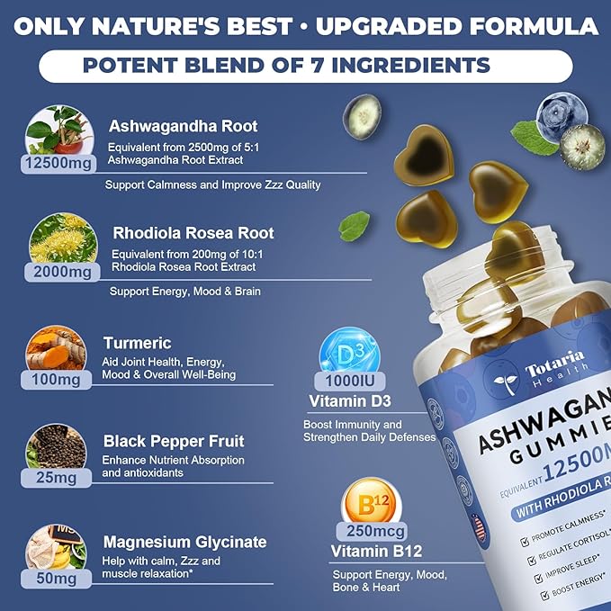 (2 Packs) Sugar Free Ashwagandha Filled Gummies w/Vitamin D3, Magnesium Glycinate, Rhodiola, Ultra Strength Ashwa Root Supplements for Women & Wen, for Relaxation, Energy, Cortisol Gummies