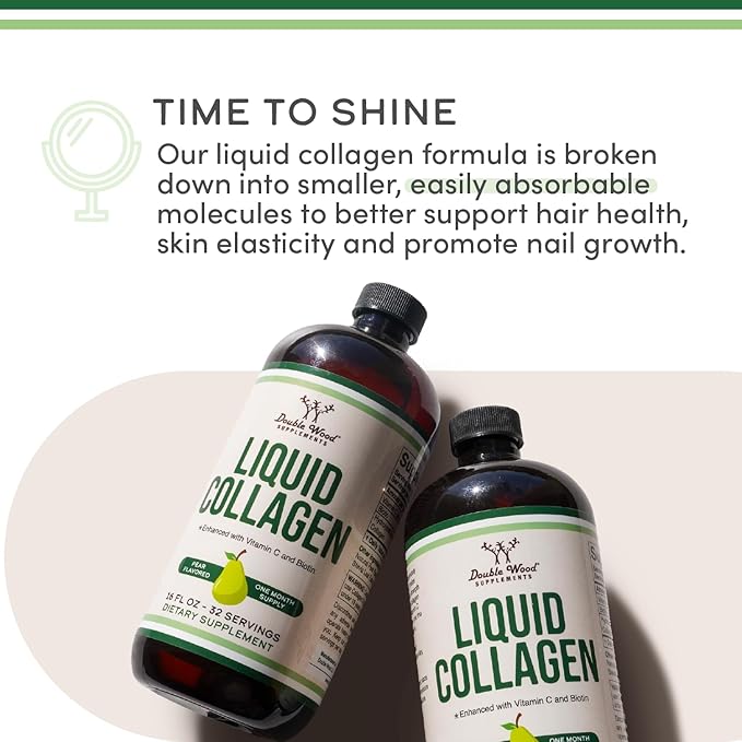 Double Wood Supplements Liquid Collagen - 2500mg of Hydrolyzed Bovine Collagen (Type 1, 3 and Grassfed) - 32 Servings - for Women and Men - 30 mcg of Biotin - Sugar Free Pear Flavor