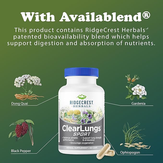 Ridgecrest Herbals ClearLungs Sport, Oxygen Intake and Lung Support Formula with Cordyceps, Rhodiola, Eleuthero (60 Vegan Caps, 30 Serv)
