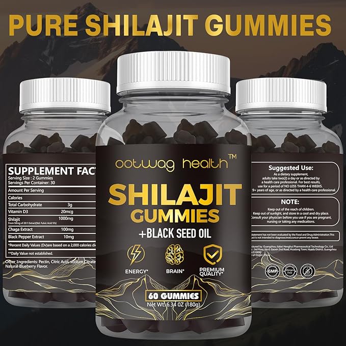 2 Pack Shilajit Resin Gummies, Shilajit for Men Women Supplement with Black Seed Oil, Russia Chaga, Honey, Shilaji t Gummies with 85+ Trace Minerals & Fulvic Acid for Energy, Digestion Health