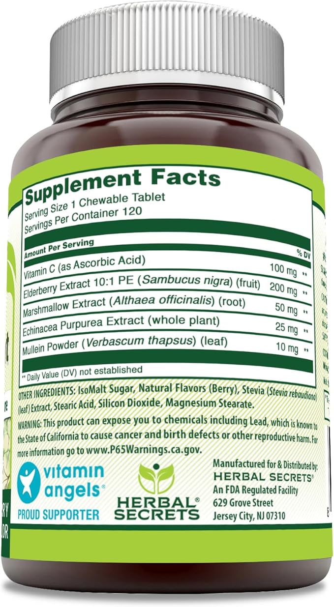 Herbal Secrets Immune Support with Vitamin C & Elderberry | Berry Flavor Chewable Tablets | 120 Count | Non-GMO | Glute-Free | Made in USA