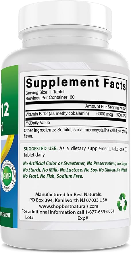 Best Naturals Vitamin B-12 as Methylcobalamin (Methyl B12), 6000 mcg 60 Sublingual Tablets (60 Count (Pack of 2))
