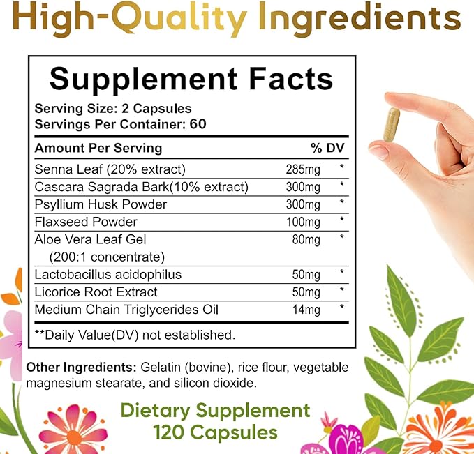 Colon Cleanse, 15 Day Cleanse, with Natural Ingredients such as Senna Leaf, Cascara Sagrada Bark and Psyllium Husk Powder, Supports Gut and Digestive System, Non-GMO, For Men and Women, 120 Capsules