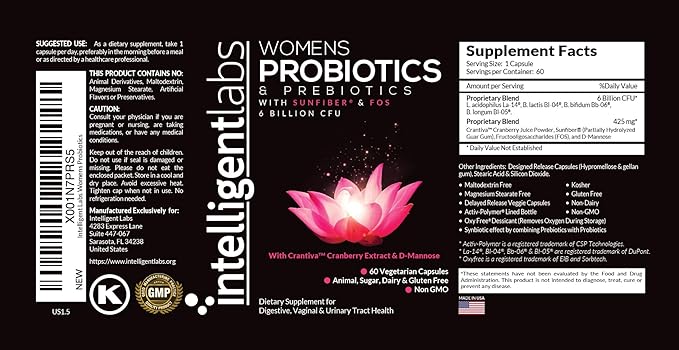Intelligent Labs Women's Probiotics Formula with Cranberry Extract, D-Mannose and Prebiotics All in one, 6 Billion CFU Probiotic, One Capsule a Day, 60-Day Supply, Third-Party Verified for Purity