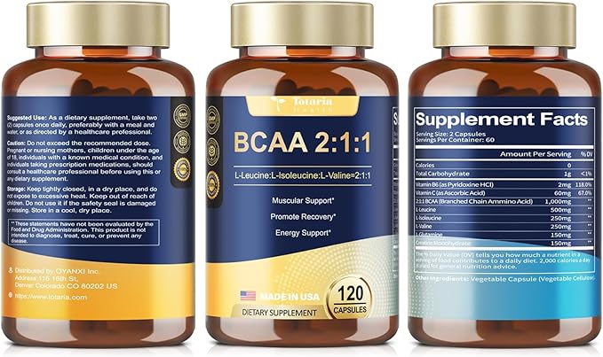 High Purity Branched Chain Amino Acids Supplement - BCAA 2:1:1 Capsules with Creatine Monohydrate, L-Glutamine, Vitamin B6 and Vitamin C for Men & Women, 120 Count