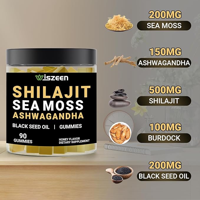 Sugar Free Shilajit Ashwagandha Sea Moss Gummies with Black Seed Oil - Ashwagandha + Shilajit + Sea Moss + Black Seed + Burdock