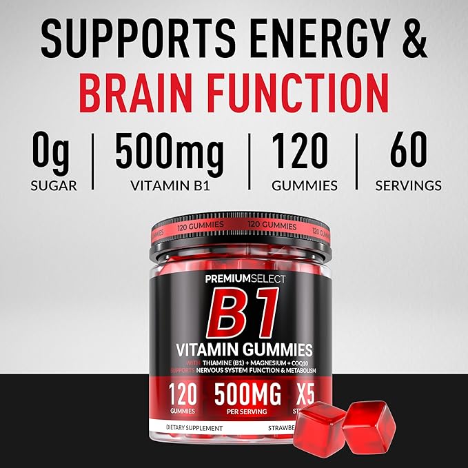 Vitamin B1 Gummies – Sugar Free B1 Gummies with Thiamine, CoQ10 & Magnesium – B1 Vitamins for Women & Men, Adults & Kids – Thiamine Gummies for Energy & Nerve Support – 120 Count, 2-Month Supply