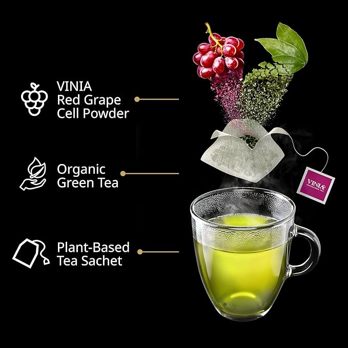VINIA Signature Green Tea Bags, Made with Organic Green Tea, Infused with Piceid Resveratrol for Heart Health, Nitric Oxide, Physical Energy, Alertness, Blood Flow, Keto, Kosher, Non-GMO. (30)