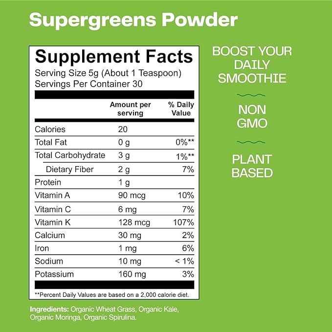 Amazing Grass Super Greens Booster: Greens Powder Smoothie Mix with Spirulina, Moringa, Wheat Grass & Kale Smoothie Booster, Chlorophyll Providing Greens, 30 Servings