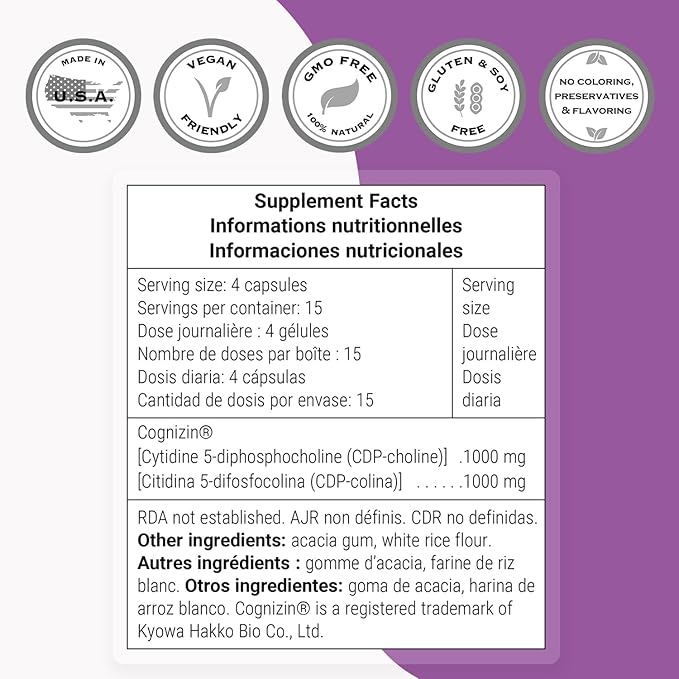 Supersmart - CDP Choline 1000mg per Day (Patented & High Dose) - Cognizin Citicoline Supplement | Non-GMO & Gluten Free - 60 Vegetarian Capsules