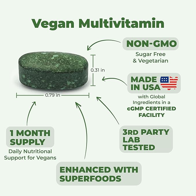 Vegan Multivitamins for Women & Men - Multivitamin & Multimineral Supplements for Energy, Focus and Overall Health. Daily Vegan Vitamins A, C, D, E & B12, Zinc, Calcium, Magnesium & More. 90 Tablets
