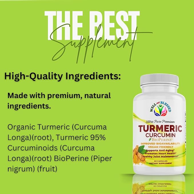 Turmeric Curcumin Supplement with BioPerine - 60 Capsules - Organic Turmeric Root Extract - Vegan Friendly, Enhanced Absorption, Daily Joint and Heart Support