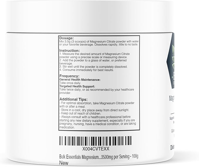 Pure Magnesium Citrate Powder – Unflavored 100g Supplement for Muscle, Heart & Digestive Support – USA Made, Free from GMO & Gluten – Magnesio 3.5g Per Serving