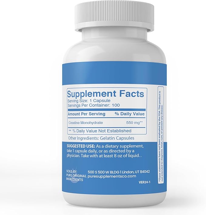 PURE ORIGINAL INGREDIENTS Creatine, (100 Capsules) Always Pure, No Additives Or Fillers, Lab Verified