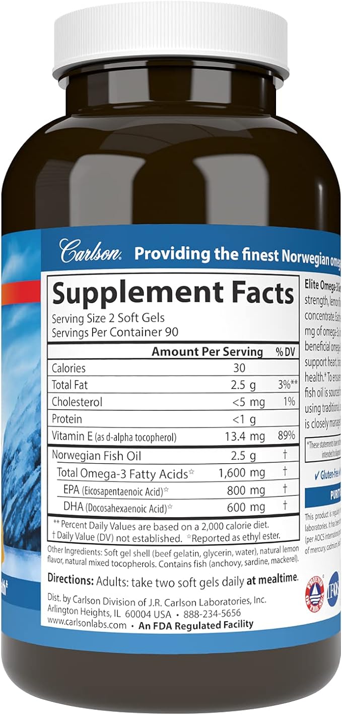 Carlson - Elite Omega-3 Gems, 1600 mg Omega-3s, Heart, Brain & Vision Support, Wild Caught, Orange, 180 soft gels