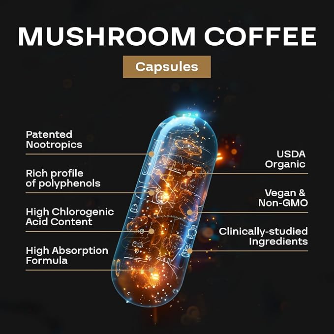 100% Organic Mushroom Coffee Capsules - Natural Energy Supplement with 130mg Caffeine from Clinically Proven Patented Green Coffee Bean & Guayusa Extracts for Jitter-Free Energy & Focus (30 Servings)