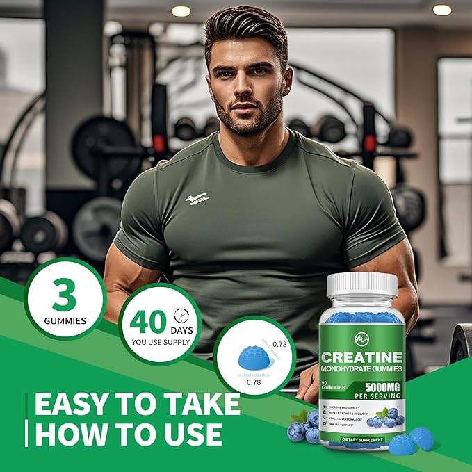 Creatine Monohydrate Gummies - 5000mg Creatine Monohydrate for Men & Women, with BCAA, L-Taurine, Alpha GPC and Omega-3, Increase Strength and Build Muscle, Blueberry Flavor, 120 Gummies