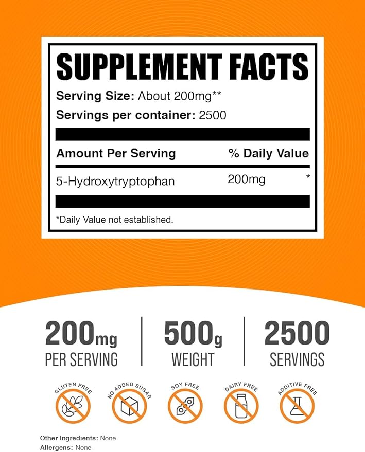 BulkSupplements.com 5-HTP Powder - 5-Hydroxytryptophan, 5 HTP Supplement - 5-HTP 200mg, Mood Support Supplement - Gluten Free, 200mg per Serving, 500g (1.1 lbs) (Pack of 1)