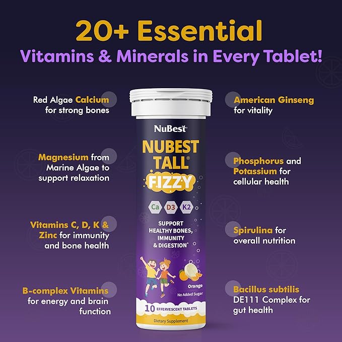 NuBest Tall Fizzy - Bone Strength, Immunity, Digestive Health for Kids & Teens | Probiotic, Calcium, Magnesium from Red Marine Algae, Vitamin D3, K2 & Zinc | 20 Orange Effervescent Tablets - Ages 4+