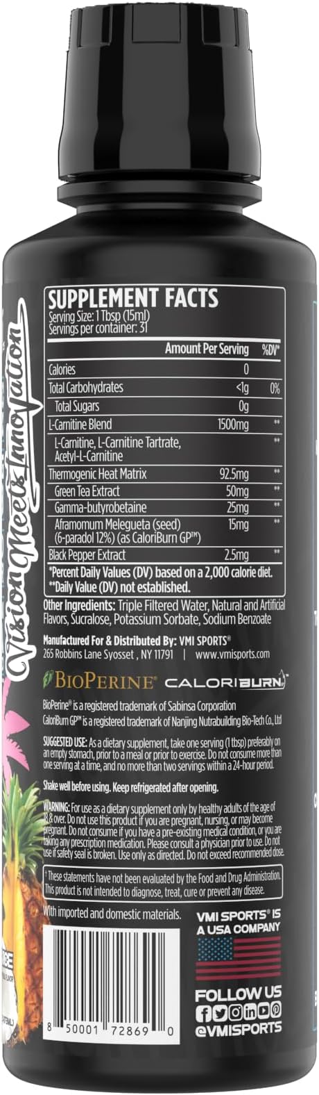 VMI Sports L-Carnitine 1500 Heat Liquid Enhanced Thermogenic | 1500 mg Carnitine | Maximum Absorption Formula | Great Taste for Men & Women | 31 Servings (Miami Vice)