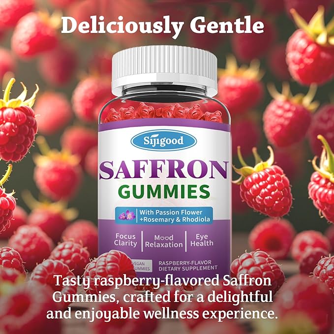 Saffron Gummies - Sugar Free Saffron Supplement for Men Women Mood Support Supplement with Saffron Extract, Passion Flower, Magnesium & Vitamins for Relaxation, Focus, Raspberry Flavor, 120 Count