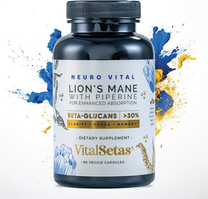 Neuro Vital Lion's Mane & Piperine Brain Supplement - Amplify Focus, Boost Memory, and Enhance Mental Clarity – Lab Tested & Allergen Free - 90 Premium Veggie Capsules for Immune Support