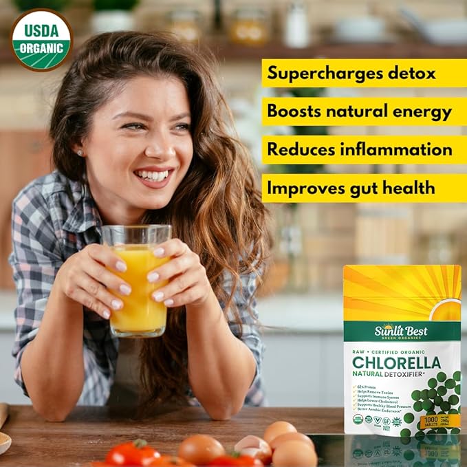 Sunlit Organic Chlorella Tablets for Natural & Full Body Cleanser 500 Count - Supplement Supports Your Gut Health, Immune System & Energy Level, High in Protein, Chlorophyll, Vitamins and Minerals