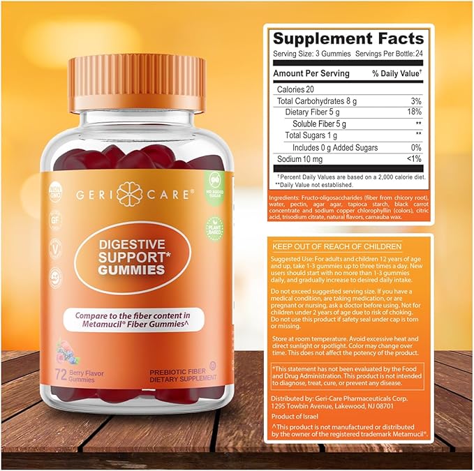 GeriCare Prebiotic Digestive Support Gummies – Berry Flavor, 72 Count, Plant-Based Fiber for Gut Health & Regularity, Non-GMO, Gluten-Free, Vegan, Fiber Supplement to Supports Regular Digestion
