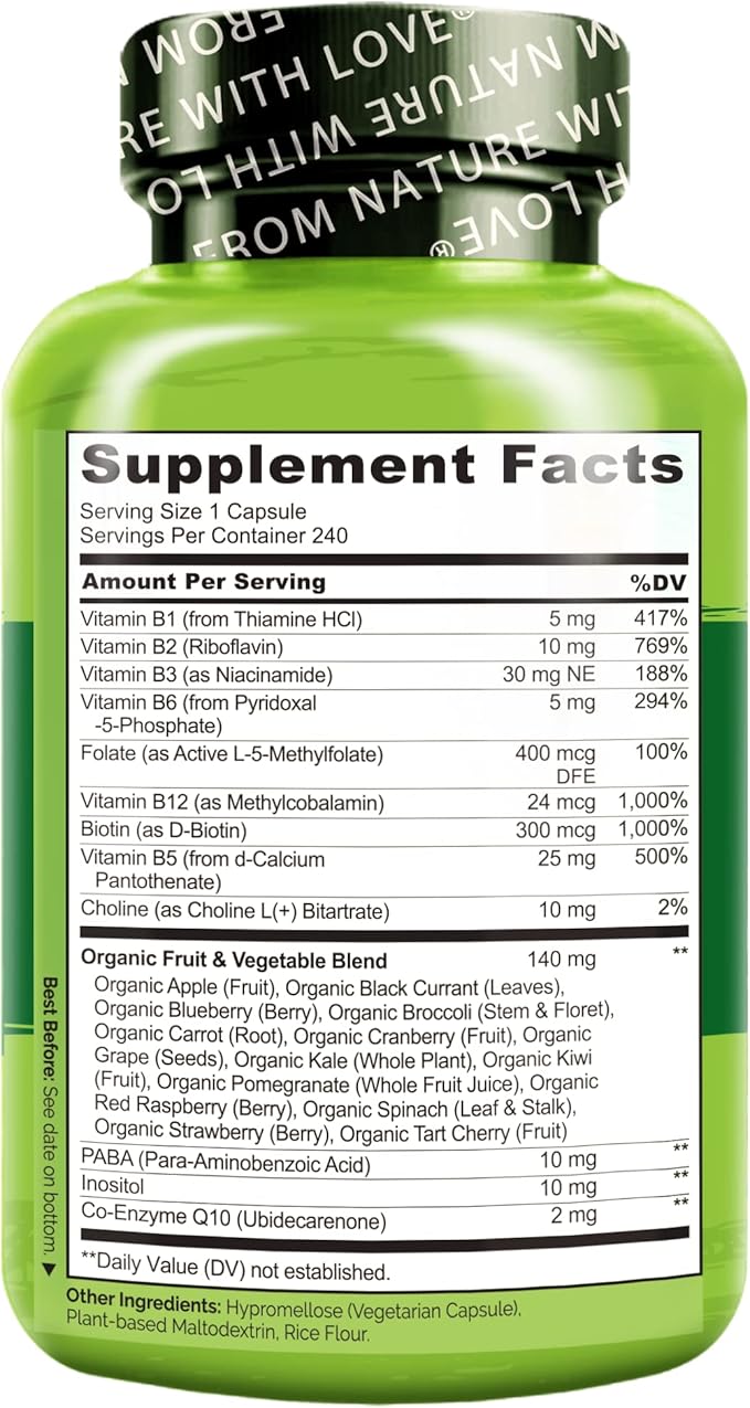 NATURELO Vitamin B Complex with Methyl B12, Methyl Folate, Vitamin B6, Biotin Plus Choline, CoQ10, and Fruit & Vegetable Blend - Supports Energy & Healthy Stress Response - Vegan - 240 Capsules