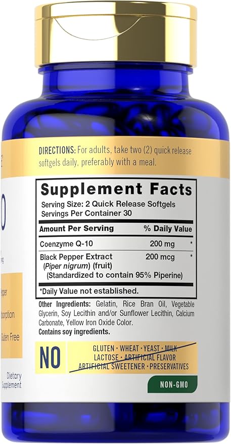 Carlyle CoQ10 200mg Softgels | 60 Count | with Black Pepper | Enhanced Absorption | Non-GMO, Gluten Free Supplement