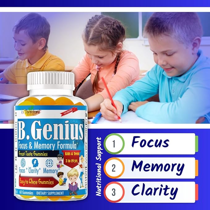 B.Genius Brain Booster Supplement & Memory Support Vitamins for Kids & Teens, Support Brain Focus, Memory, Learning, Accuracy with Omega 3, EPA/DHA Tasty 60 Chewable Gummies