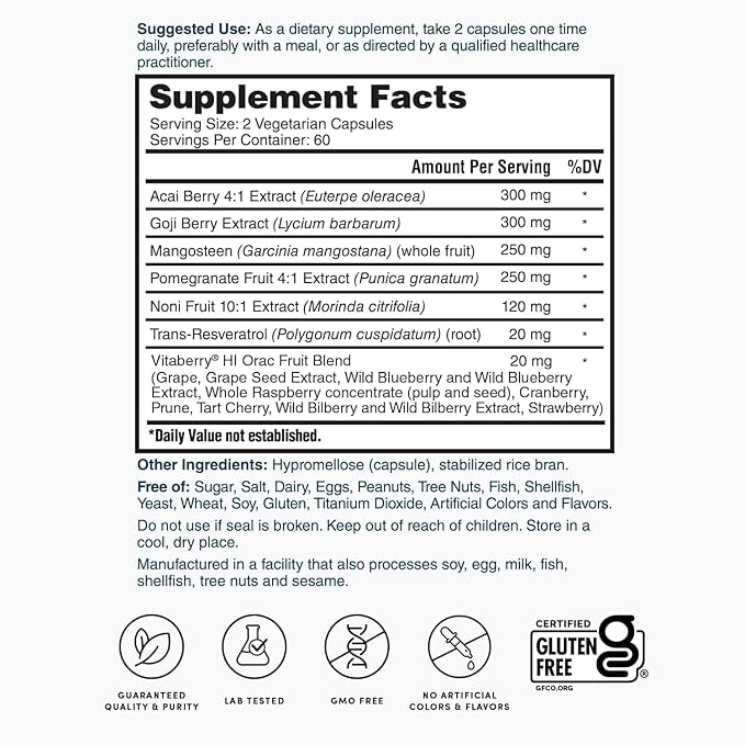 Nature's Lab Super Antioxidant Support - Resveratrol, Acai, Goji Berry, Noni Fruit, Pomegranate - 120 Capsules (60 Day Supply)