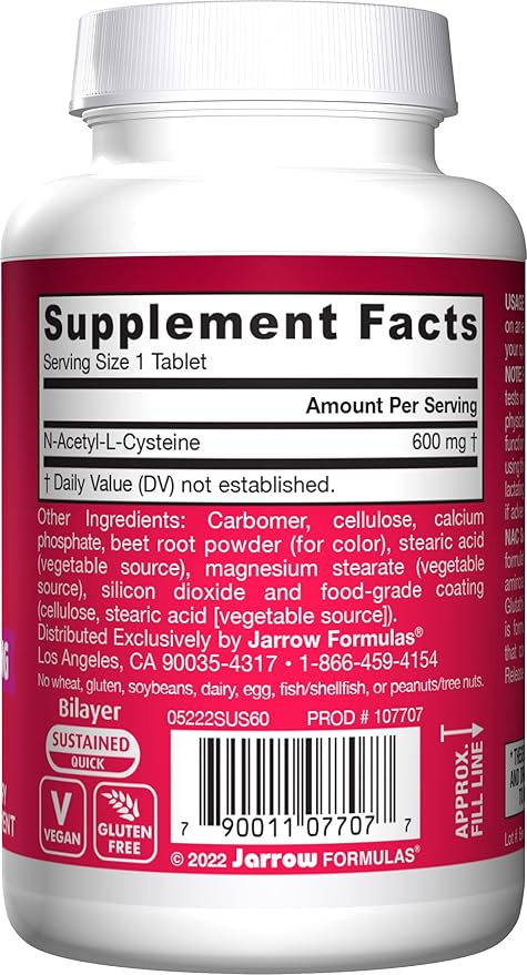 Jarrow Formulas N-A-C Sustain, Supports Liver and Lung Function, 600 Mg, 60 Sustain Tablets (Pack of 2)