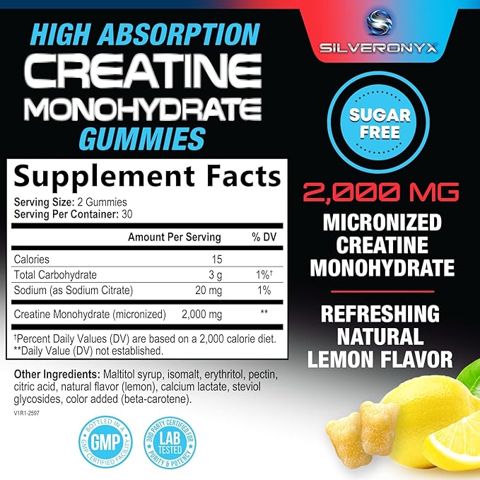 Creatine Monohydrate Gummies 2000mg for Men & Women, Sugar Free Chewables Creatine Monohydrate Pre-Workout Supplement Supports Muscle Recovery, Performance and Strength - Lemon Flavor - 60 Count
