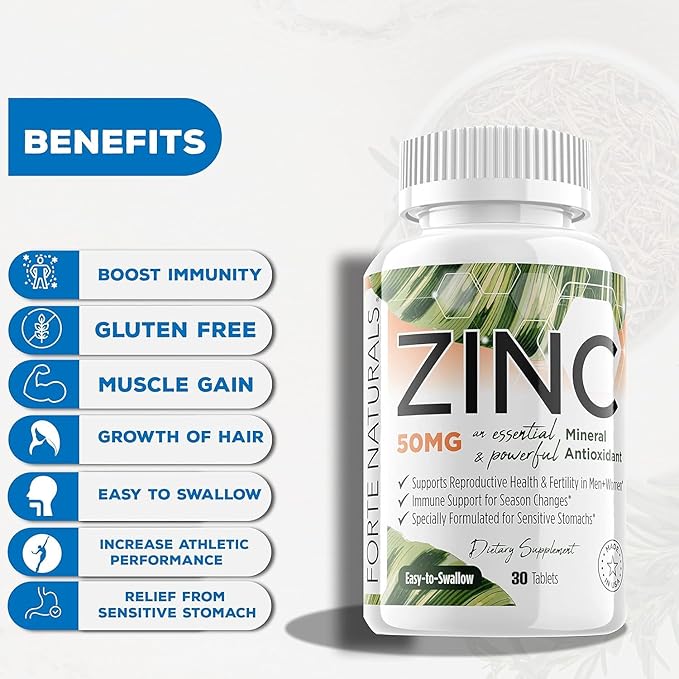 Zinc 50mg, (30 Tablets), Specially Formulated for Sensitive Stomach, Immune Support, Skin & Hair, Vegan Zinc Supplement, Non-GMO Made in USA