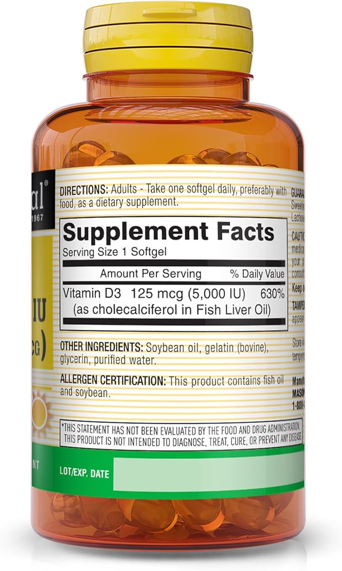 MASON NATURAL Vitamin D3 125 mcg (5000 IU) - Supports Overall Health, Strengthens Bones and Muscles, from Fish Liver Oil, 50 Softgels