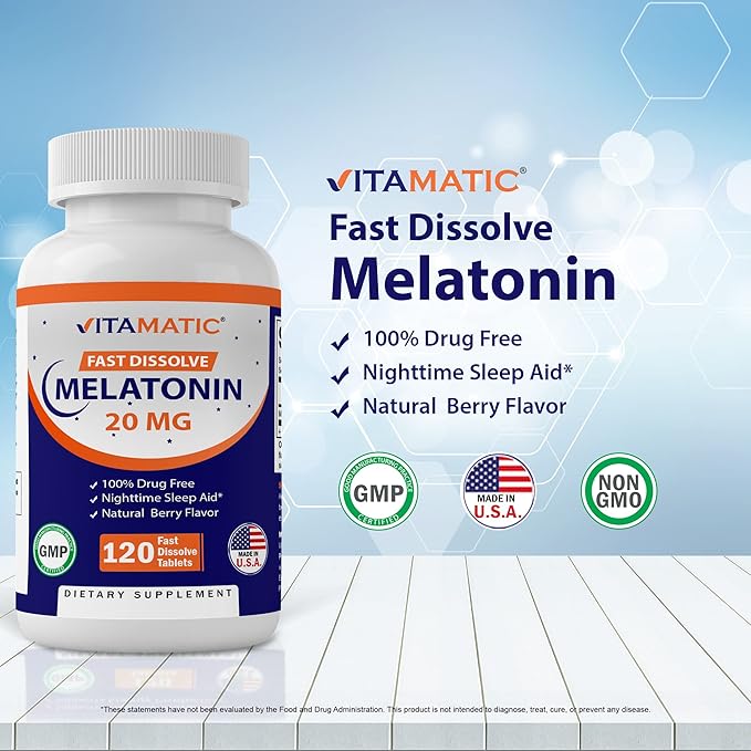 Vitamatic Melatonin 20 mg Tablets | Vegetarian, Non-GMO, Gluten Free | HIGH Potency 20 MG | Natural Berry Flavor (1/2 Tablets = Melatonin 10 mg) (120 Count (12 Pack Wholesale Buy))