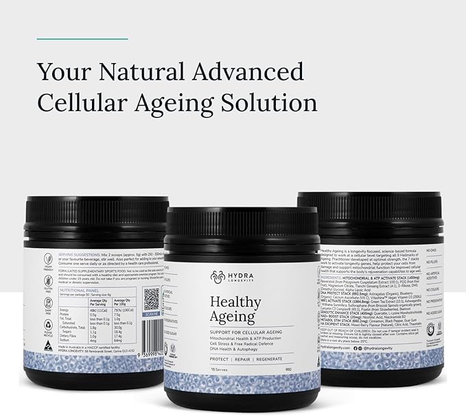 Healthy Ageing Supplement Powder, Anti-Ageing Effects, Contains Quercetin, Resveratrol and Nrf2 Activators, Antioxidants Rich Nutrient-Dense, Non-GMO, Vegan (90 Grams (15 Servings)