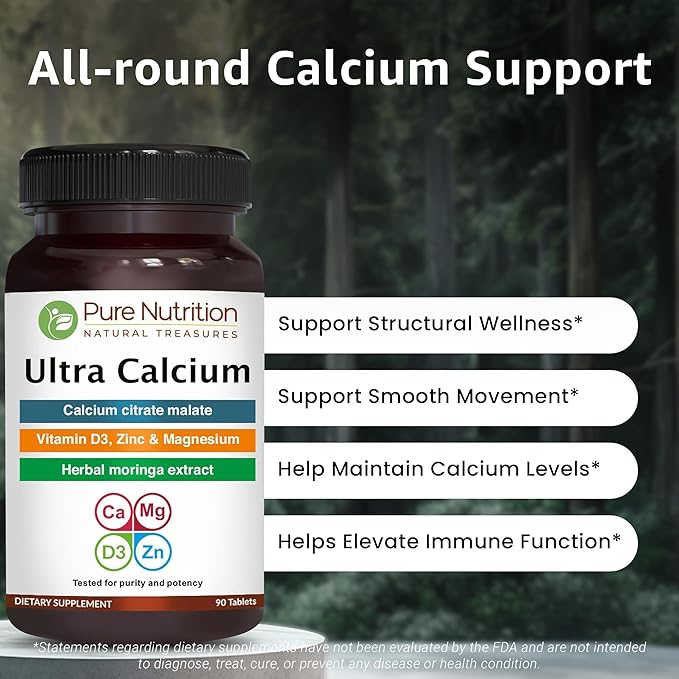 Pure Nutrition Ultra Calcium 1000mg with VIT D3 + K2 | 90 Tab | Highly absorbable Calcium Supplement with Calcium Citrate Malate, VIT D3, K2, Moringa Oleifera, Magnesium and Zinc.