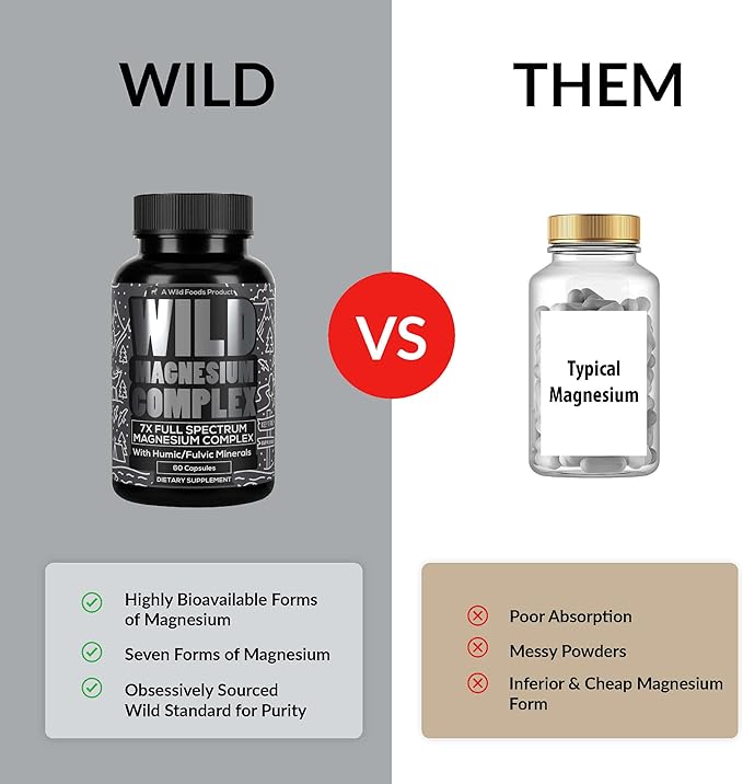 Wild Foods Magnesium Complex Supplement with 7X Forms | High Absorption, Full Spectrum, Easy Digestion | 500mg Glycinate, Bisglycinate, Malate, Orotate, Citrate, Taurate | 90 Capsule (Pack of 2)