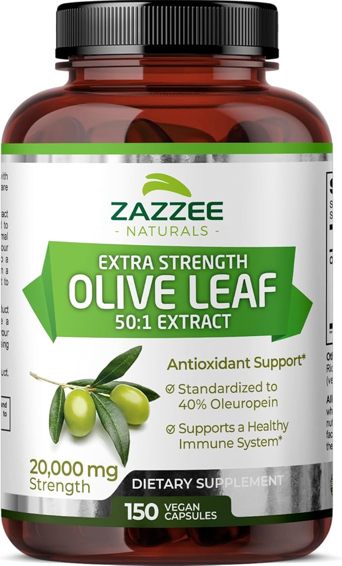 Zazzee Extra Strength Olive Leaf 50:1 Extract, 20,000 mg Strength, 40% Oleuropein, 150 Vegan Capsules, 5 Month Supply, Concentrated and Standardized 50X Extract, 100% Vegetarian, Non-GMO, All-Natural