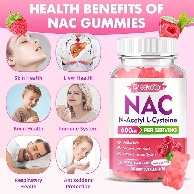 2 Pack NAC Gummies, N Acetyl Cysteine 600mg NAC Supplement for Antioxidants & Immune Support, Lung & Liver Health, Sugar-Free, Raspberry Flavor, 120 Count
